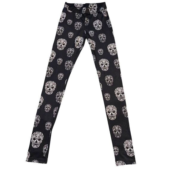 H&M Divided Womens Leggings Skull Print Skinny Stretch Black White Size 6 - Picture 1 of 8